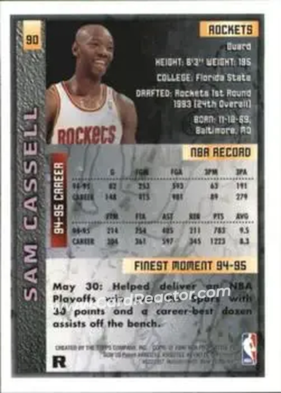 1995-96 Finest - Refractors #90 - Sam Cassell - Houston Rockets - Back