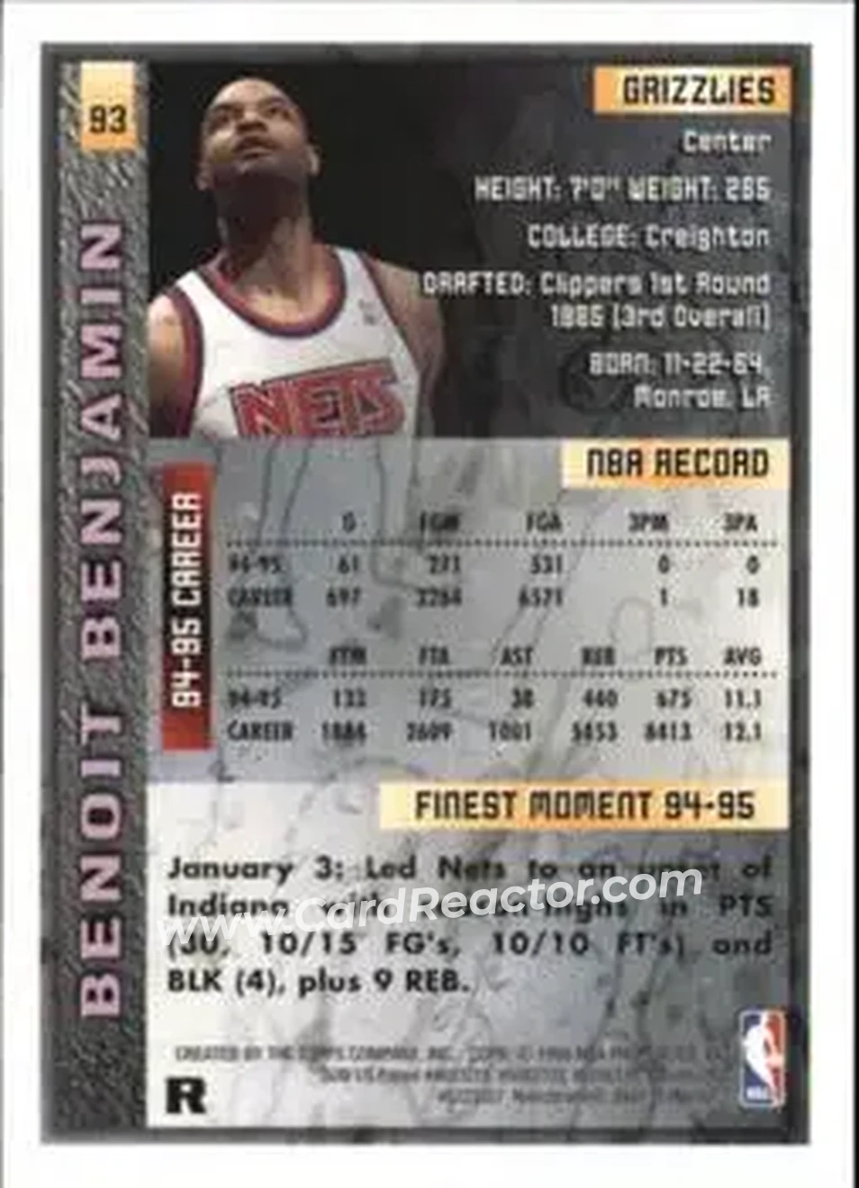 1995-96 Finest - Refractors #93 - Benoit Benjamin - Vancouver Grizzlies - Back