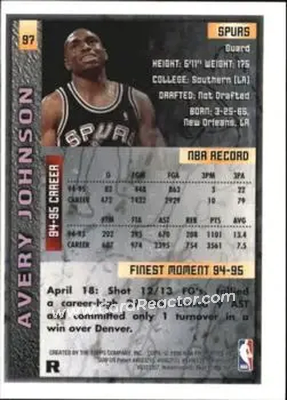 1995-96 Finest - Refractors #97 - Avery Johnson - San Antonio Spurs - Back