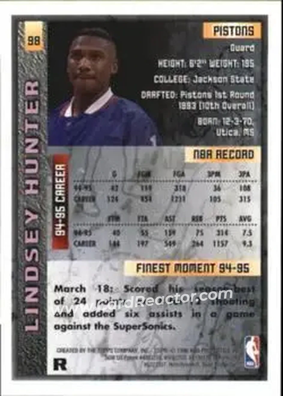 1995-96 Finest - Refractors #98 - Lindsey Hunter - Detroit Pistons - Back 1995-96 Finest - Refractors #98 - Lindsey Hunter - Detroit Pistons - Back
