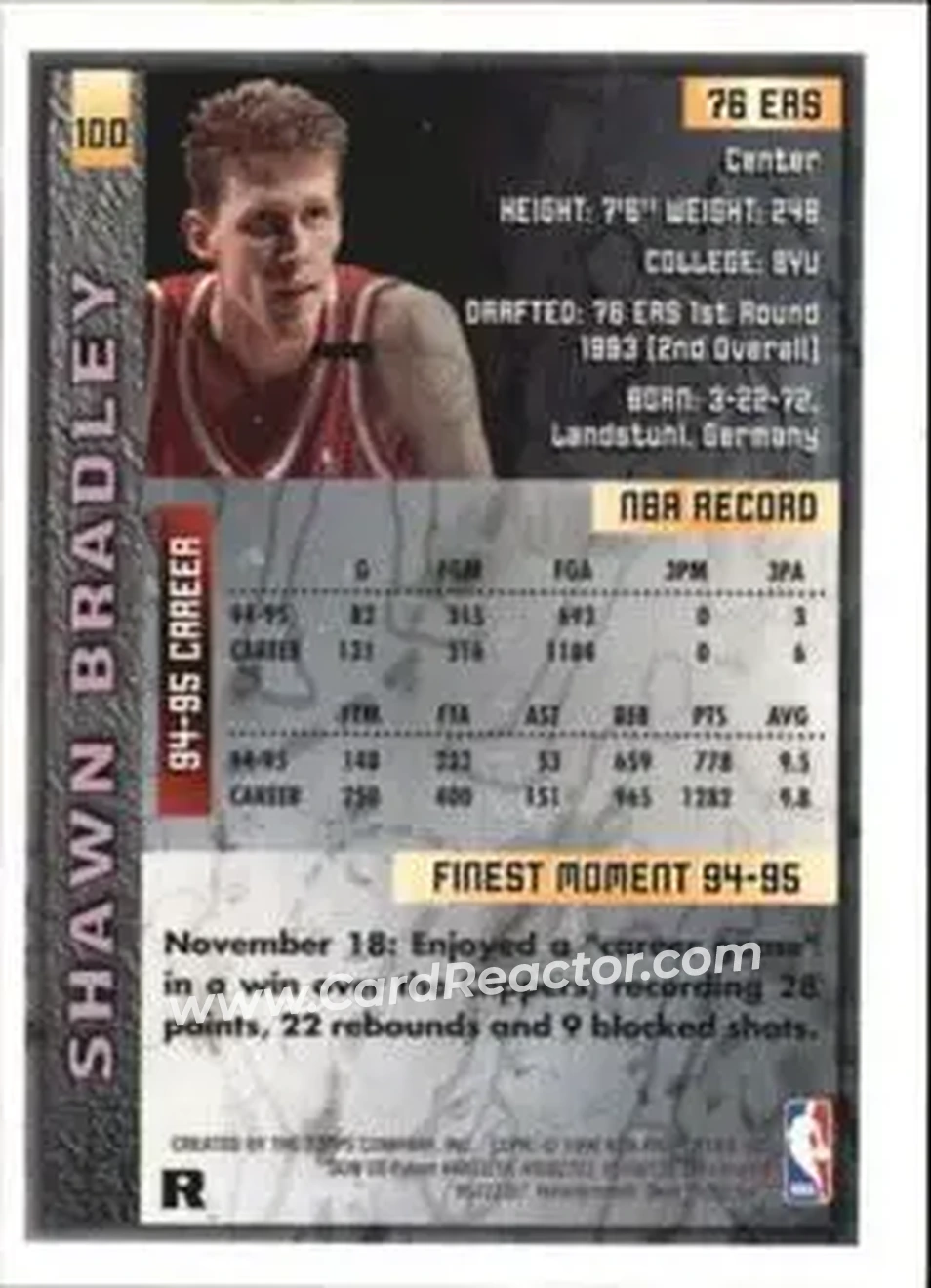 1995-96 Finest - Refractors #100 - Shawn Bradley - Philadelphia 76ers - Back