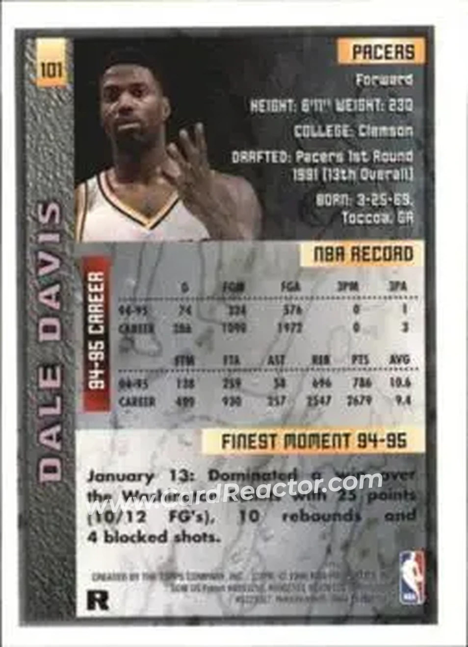 1995-96 Finest - Refractors #101 - Dale Davis - Indiana Pacers - Back