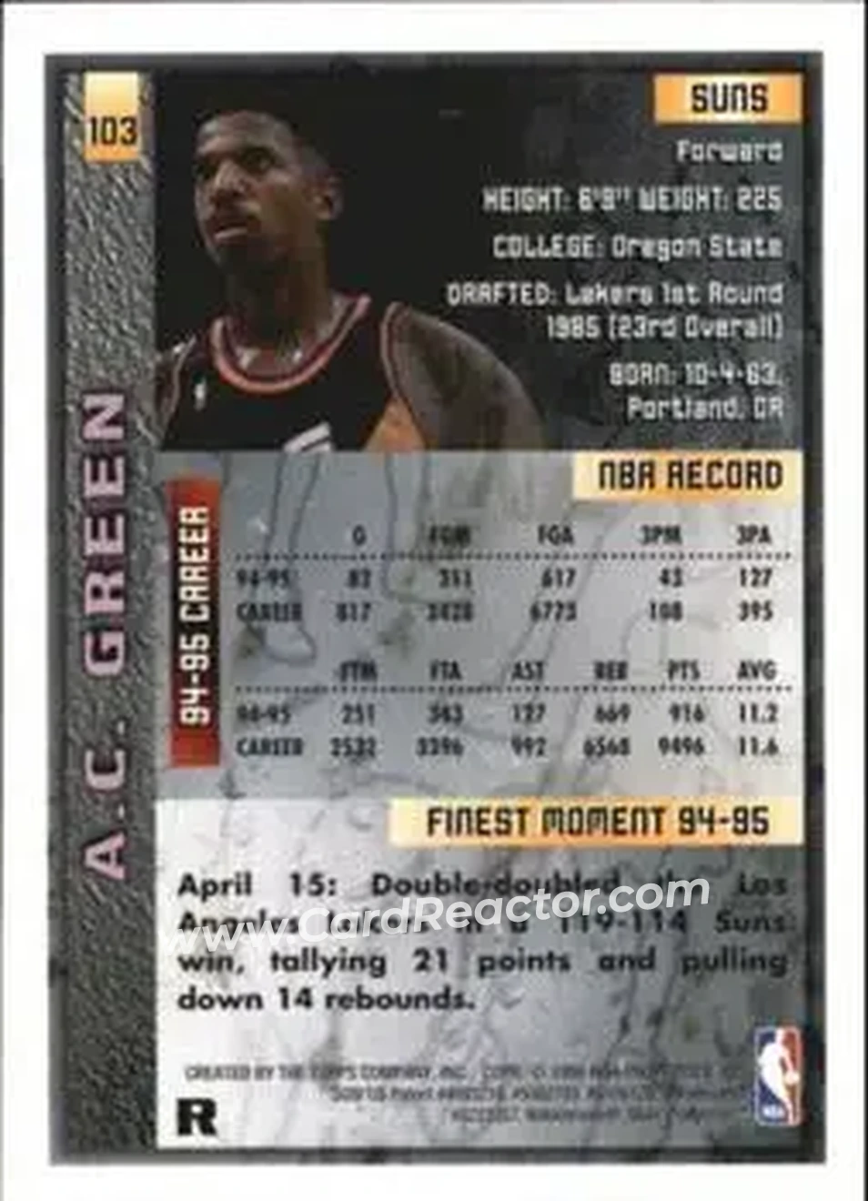 1995-96 Finest - Refractors #103 - A.C. Green - Phoenix Suns - Back