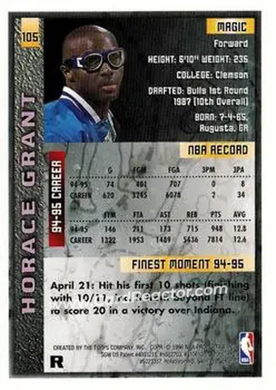 1995-96 Finest - Refractors #105 - Horace Grant - Orlando Magic - Back