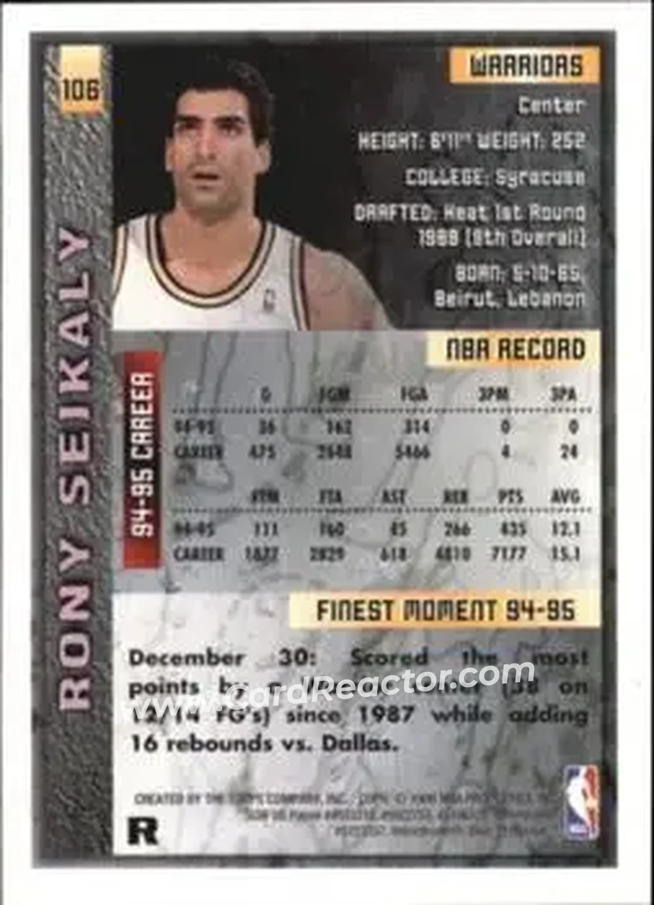 1995-96 Finest - Refractors #106 - Rony Seikaly - Golden State Warriors - Back