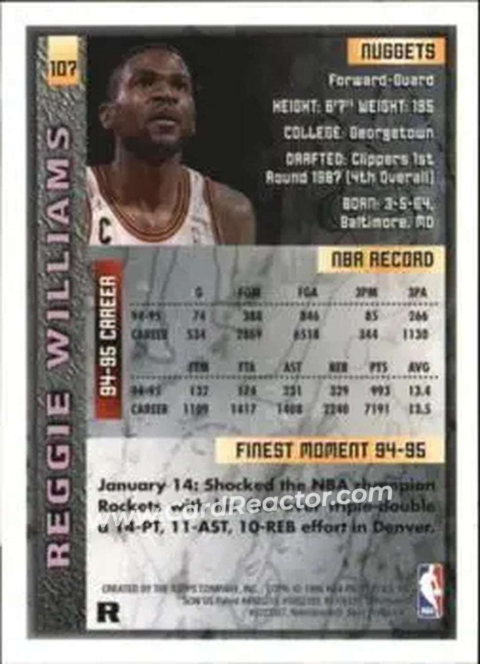 1995-96 Finest - Refractors #107 - Reggie WIlliams - Denver Nuggets - Back