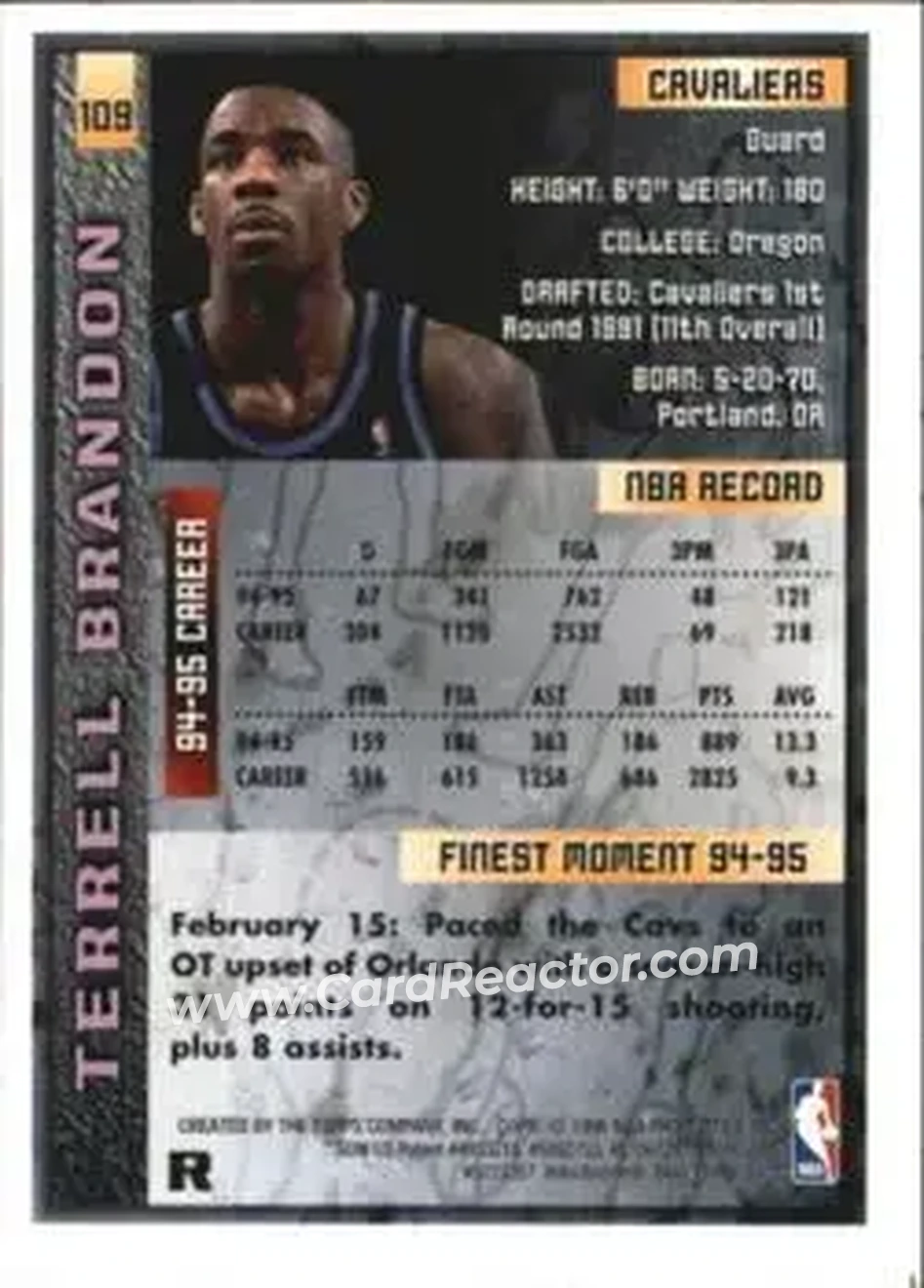 1995-96 Finest - Refractors #109 - Terrell Brandon - Cleveland Cavaliers - Back