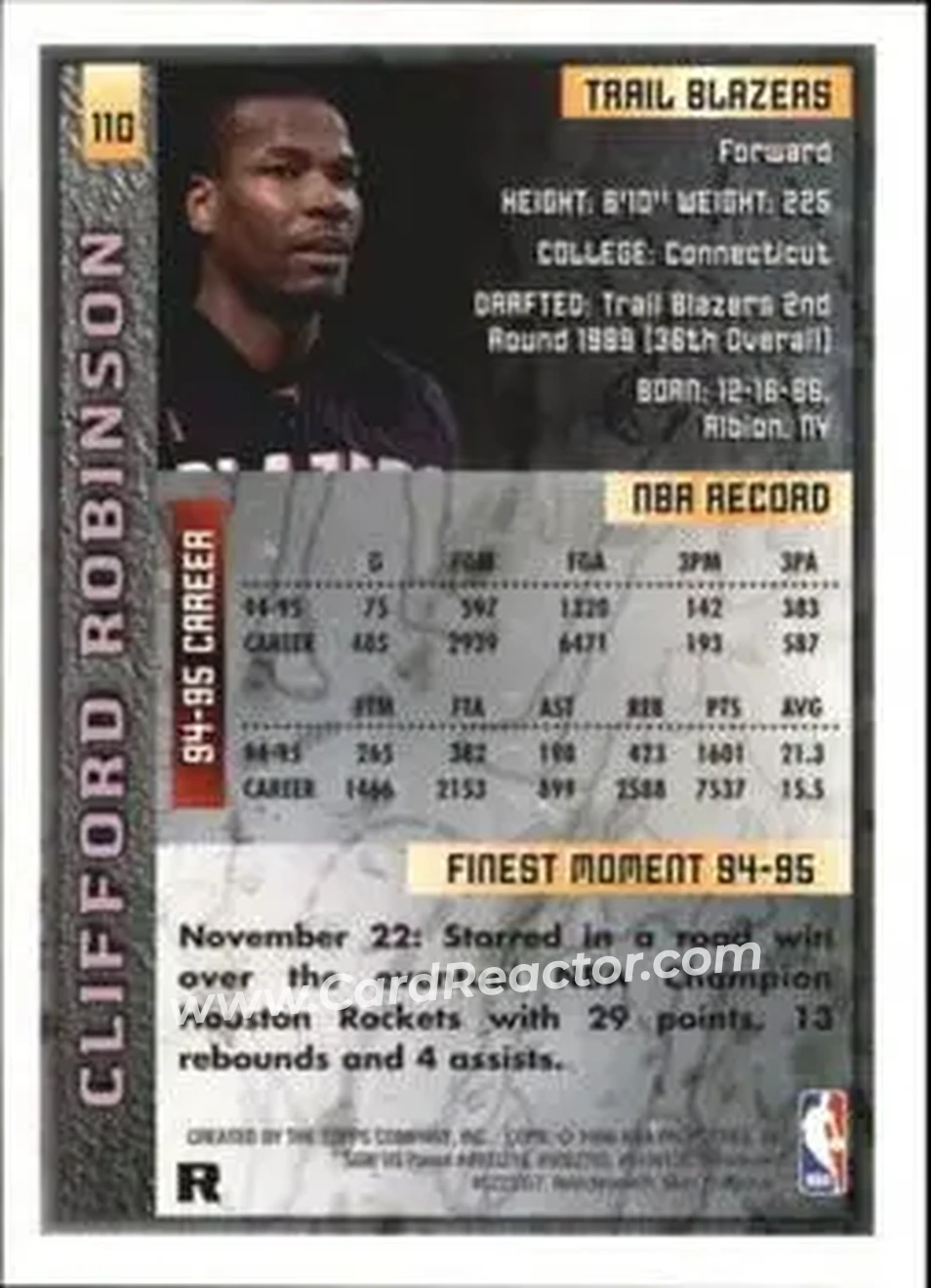 1995-96 Finest - Refractors #110 - Clifford Robinson - Portland Trail Blazers - Back