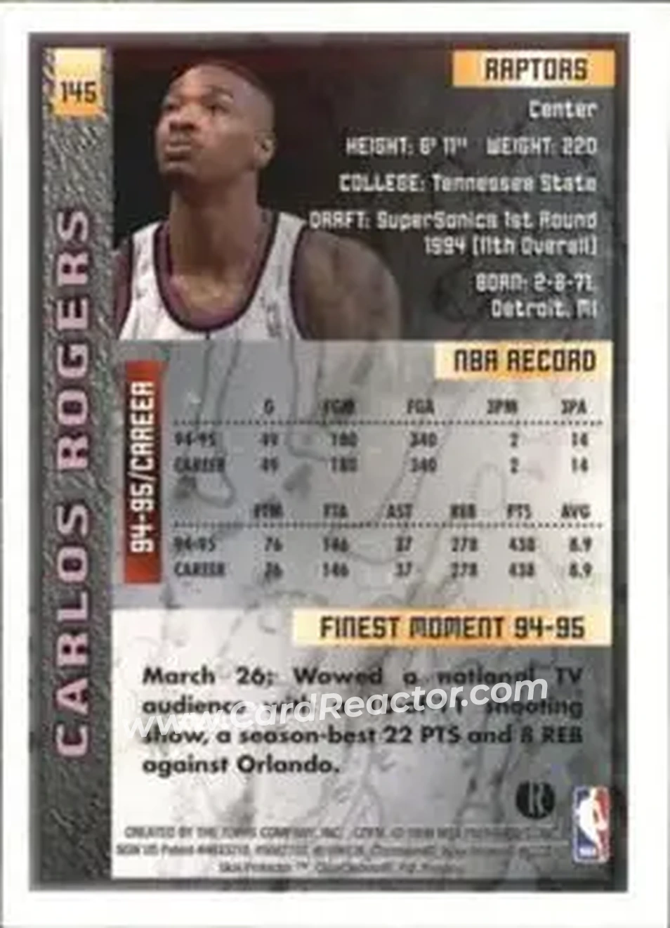 1995-96 Finest - Refractors #145 - Carlos Rogers - Toronto Raptors - Back