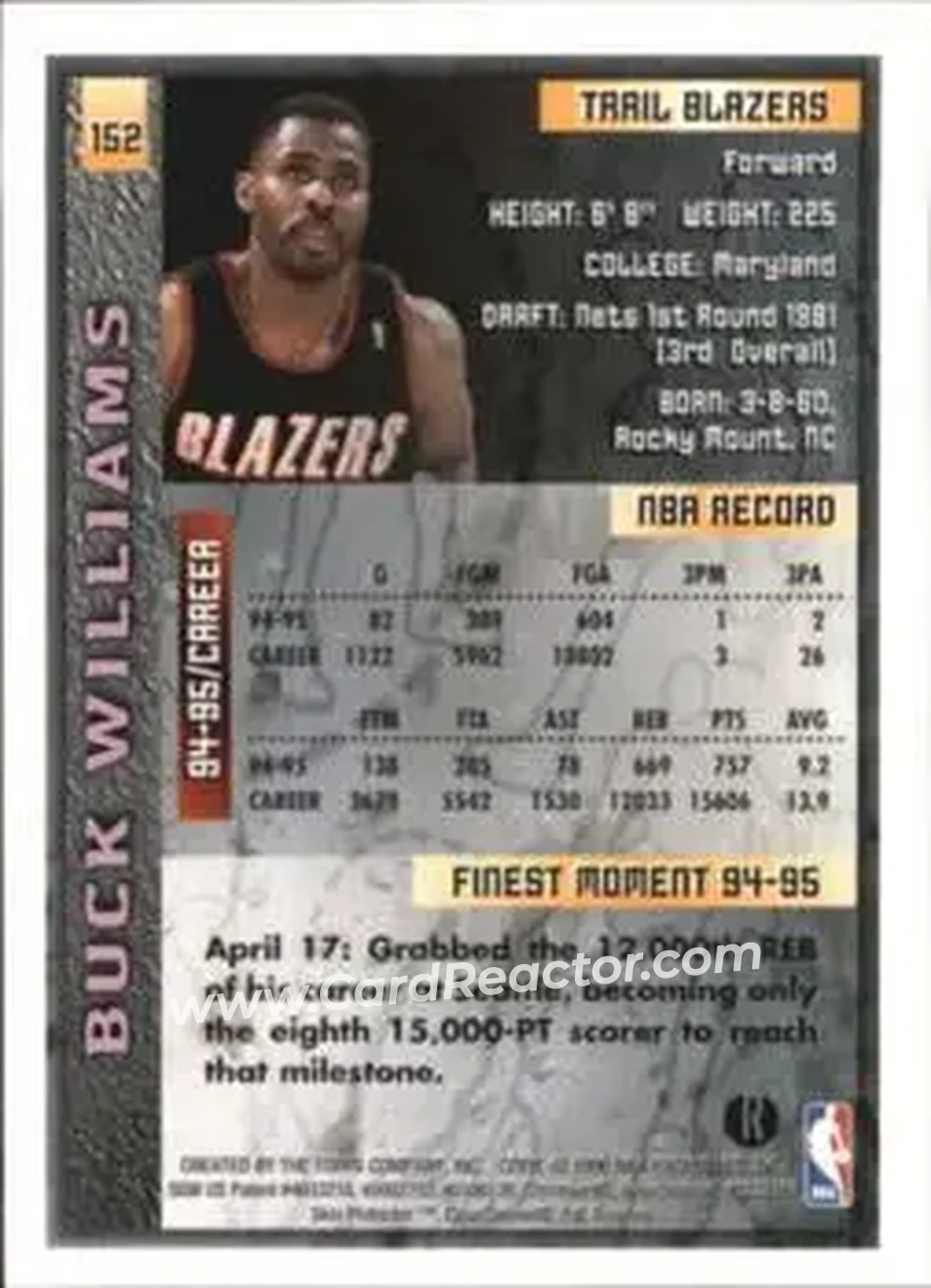 1995-96 Finest - Refractors #152 - Buck Williams - Portland Trail Blazers - Back