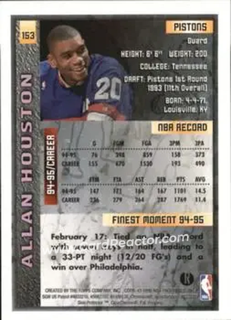 1995-96 Finest - Refractors #153 - Allan Houston - Detroit Pistons - Back