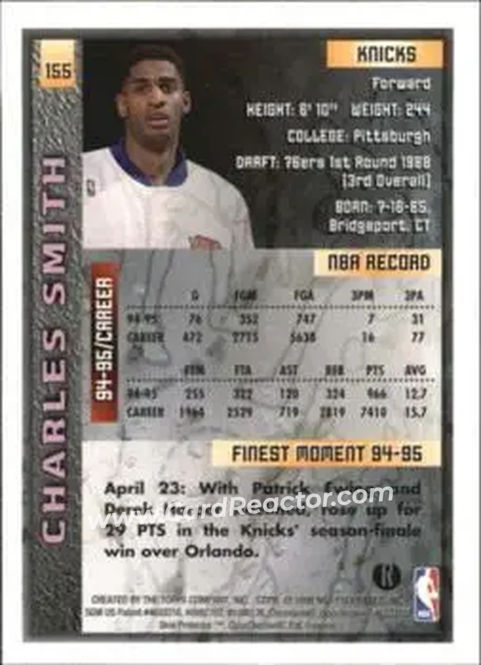 1995-96 Finest - Refractors #155 - Charles Smith - New York Knicks - Back