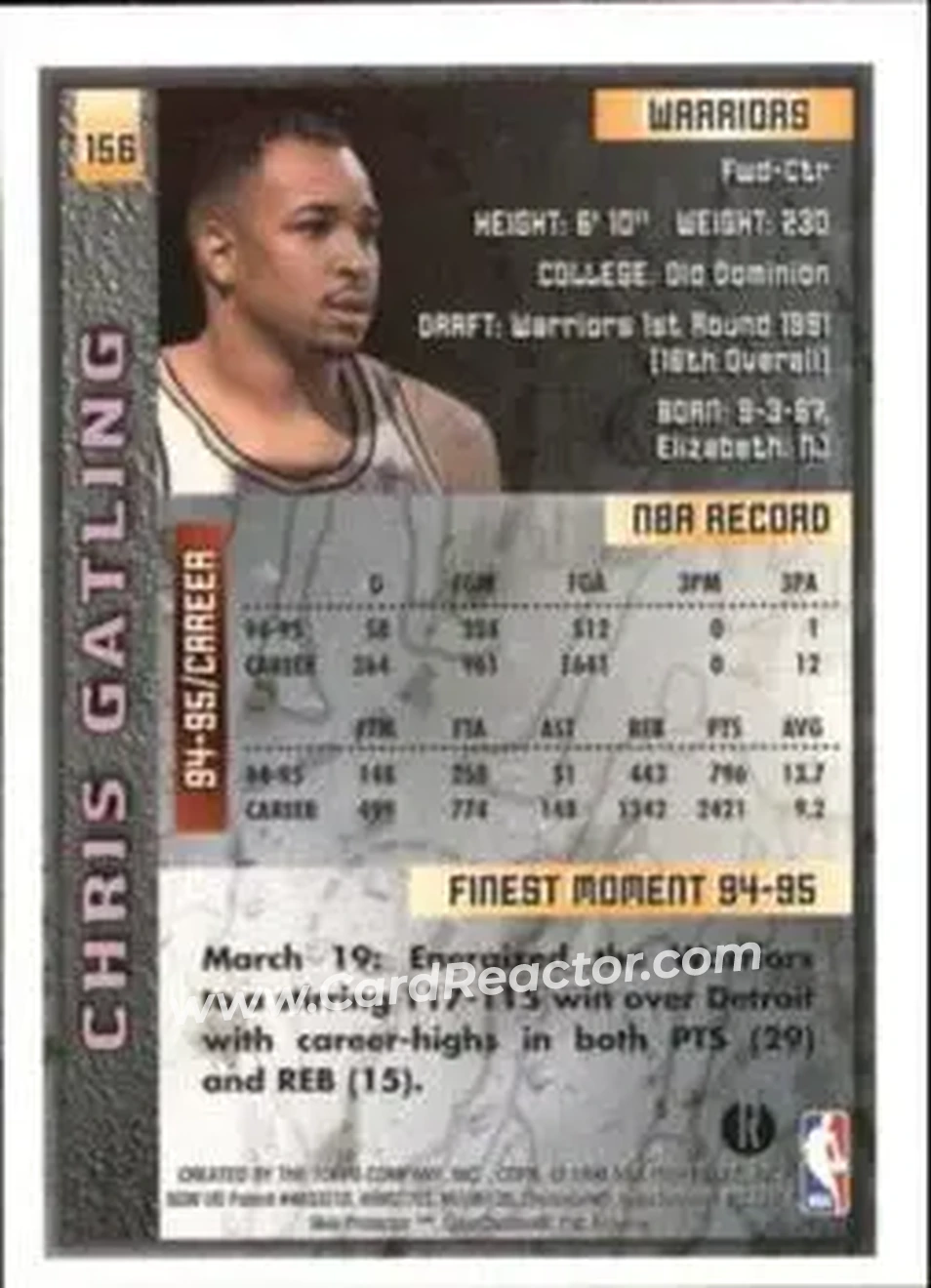 1995-96 Finest - Refractors #156 - Chris Gatling - Golden State Warriors - Back