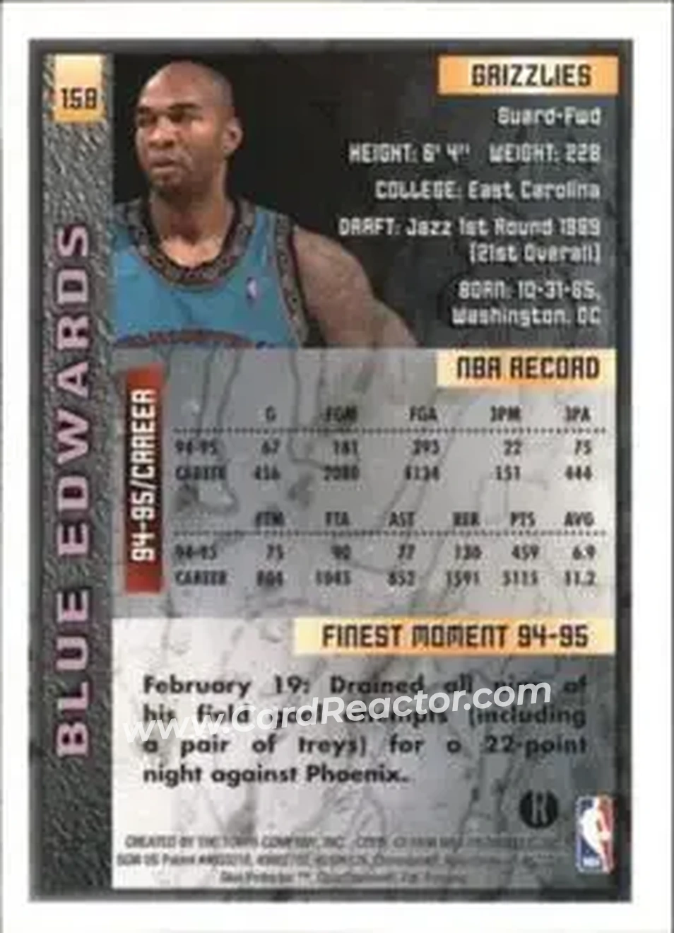 1995-96 Finest - Refractors #158 - Blue Edwards - Vancouver Grizzlies - Back
