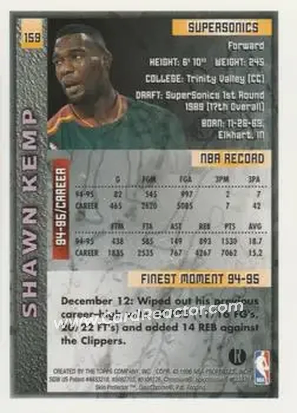 1995-96 Finest - Refractors #159 - Shawn Kemp - Seattle SuperSonics - Back