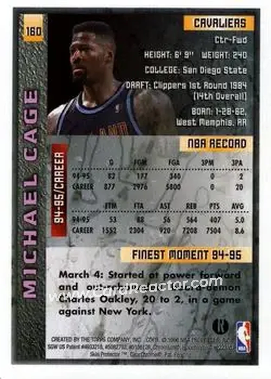 1995-96 Finest - Refractors #160 - Michael Cage - Cleveland Cavaliers - Back