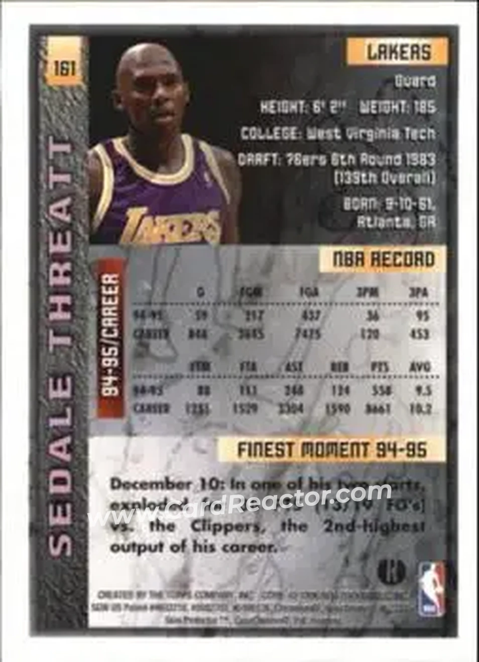 1995-96 Finest - Refractors #161 - Sedale Threatt - Los Angeles Lakers - Back