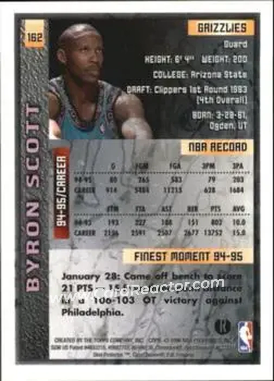 1995-96 Finest - Refractors #162 - Byron Scott - Vancouver Grizzlies - Back