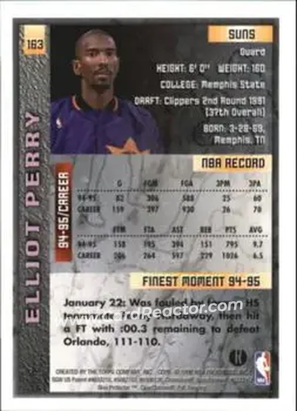 1995-96 Finest - Refractors #163 - Elliot Perry - Phoenix Suns - Back