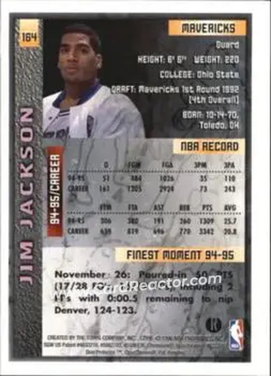 1995-96 Finest - Refractors #164 - Jim Jackson - Dallas Mavericks - Back