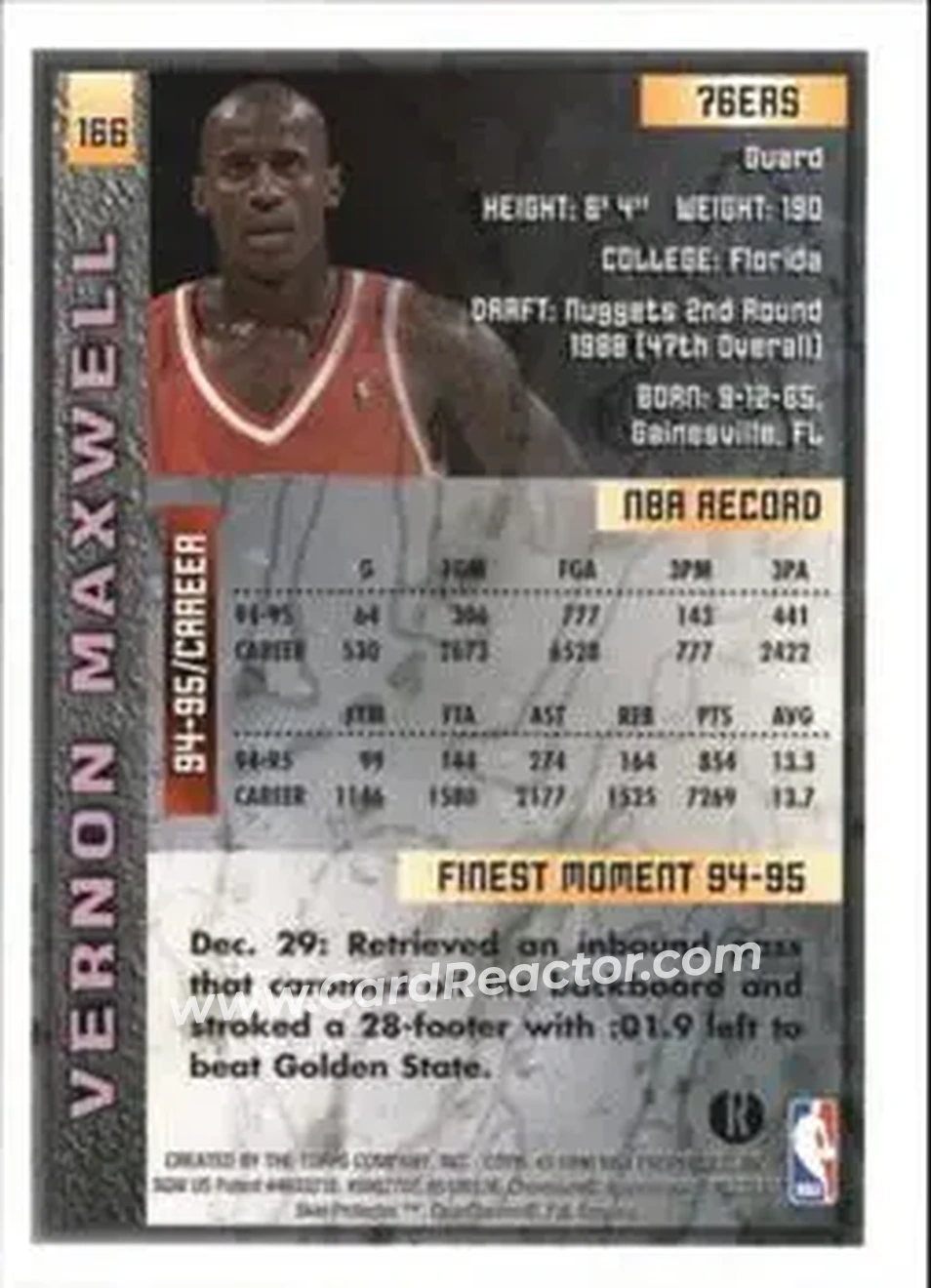 1995-96 Finest - Refractors #166 - Vernon Maxwell - Philadelphia 76ers - Back 1995-96 Finest - Refractors #166 - Vernon Maxwell - Philadelphia 76ers - Back