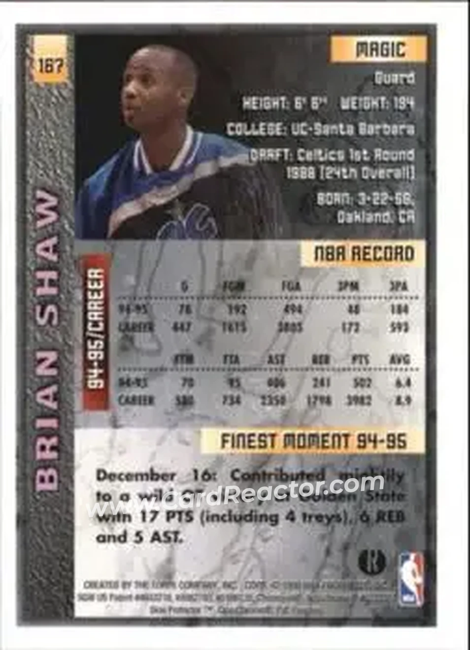 1995-96 Finest - Refractors #167 - Brian Shaw - Orlando Magic - Back 1995-96 Finest - Refractors #167 - Brian Shaw - Orlando Magic - Back