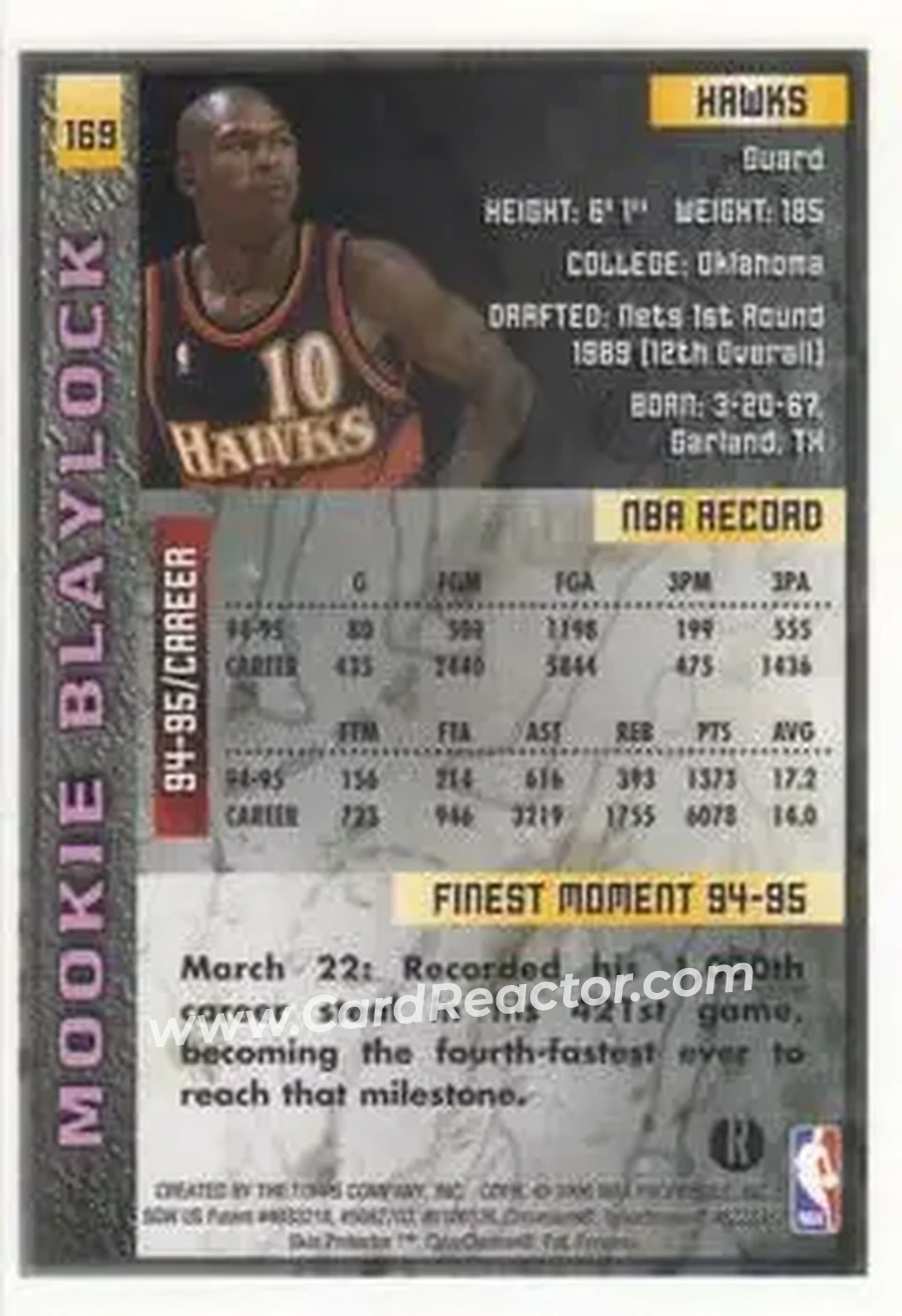 1995-96 Finest - Refractors #169 - Mookie Blaylock - Atlanta Hawks - Back