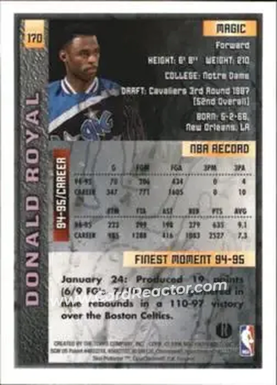 1995-96 Finest - Refractors #170 - Donald Royal - Orlando Magic - Back