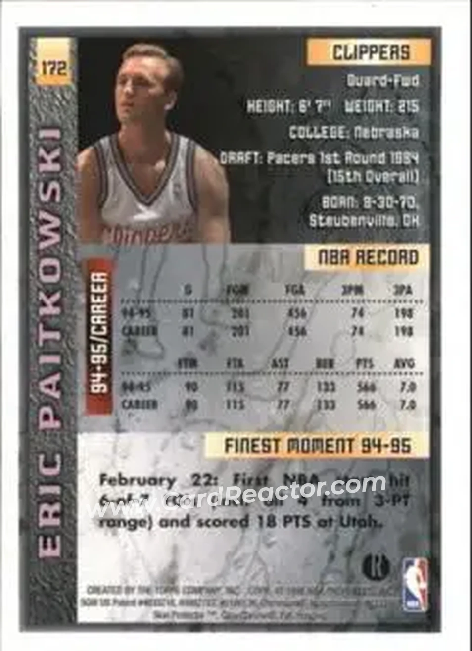 1995-96 Finest - Refractors #172 - Eric Piatkowski - Los Angeles Clippers - Back
