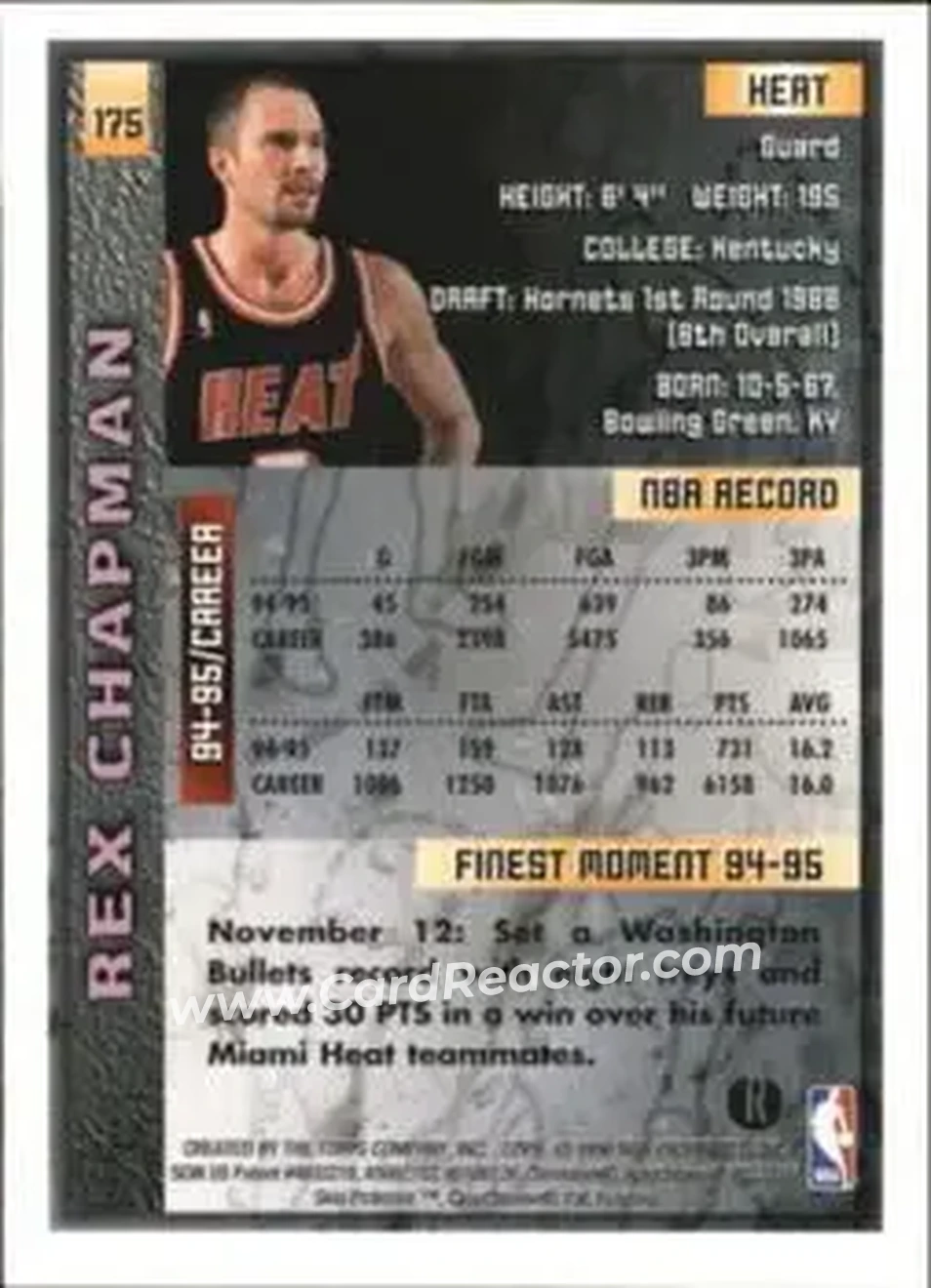 1995-96 Finest - Refractors #175 - Rex Chapman - Miami Heat - Back