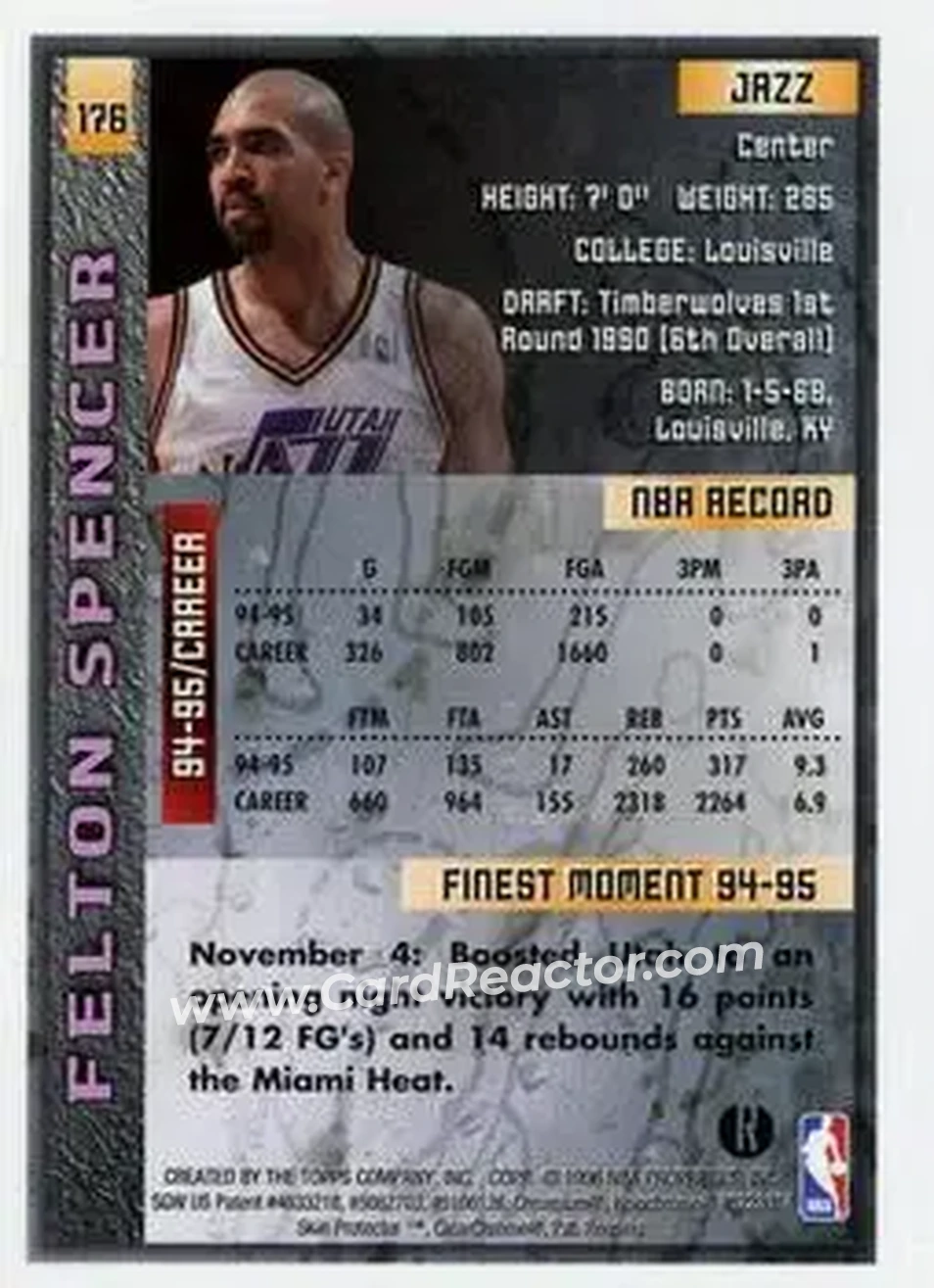 1995-96 Finest - Refractors #176 - Felton Spencer - Utah Jazz - Back