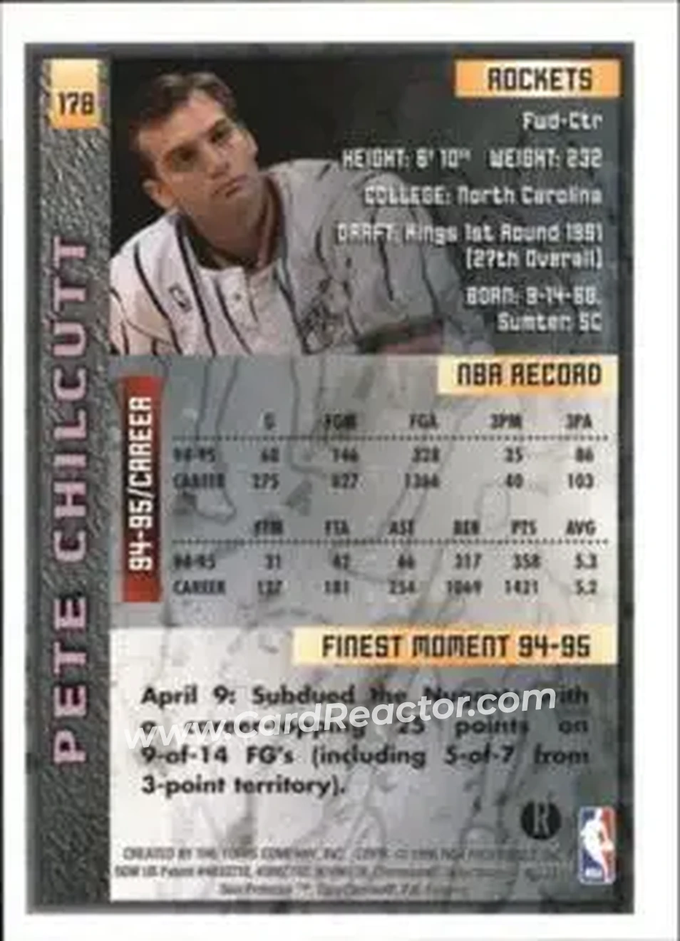 1995-96 Finest - Refractors #178 - Pete Chilcutt - Houston Rockets - Back