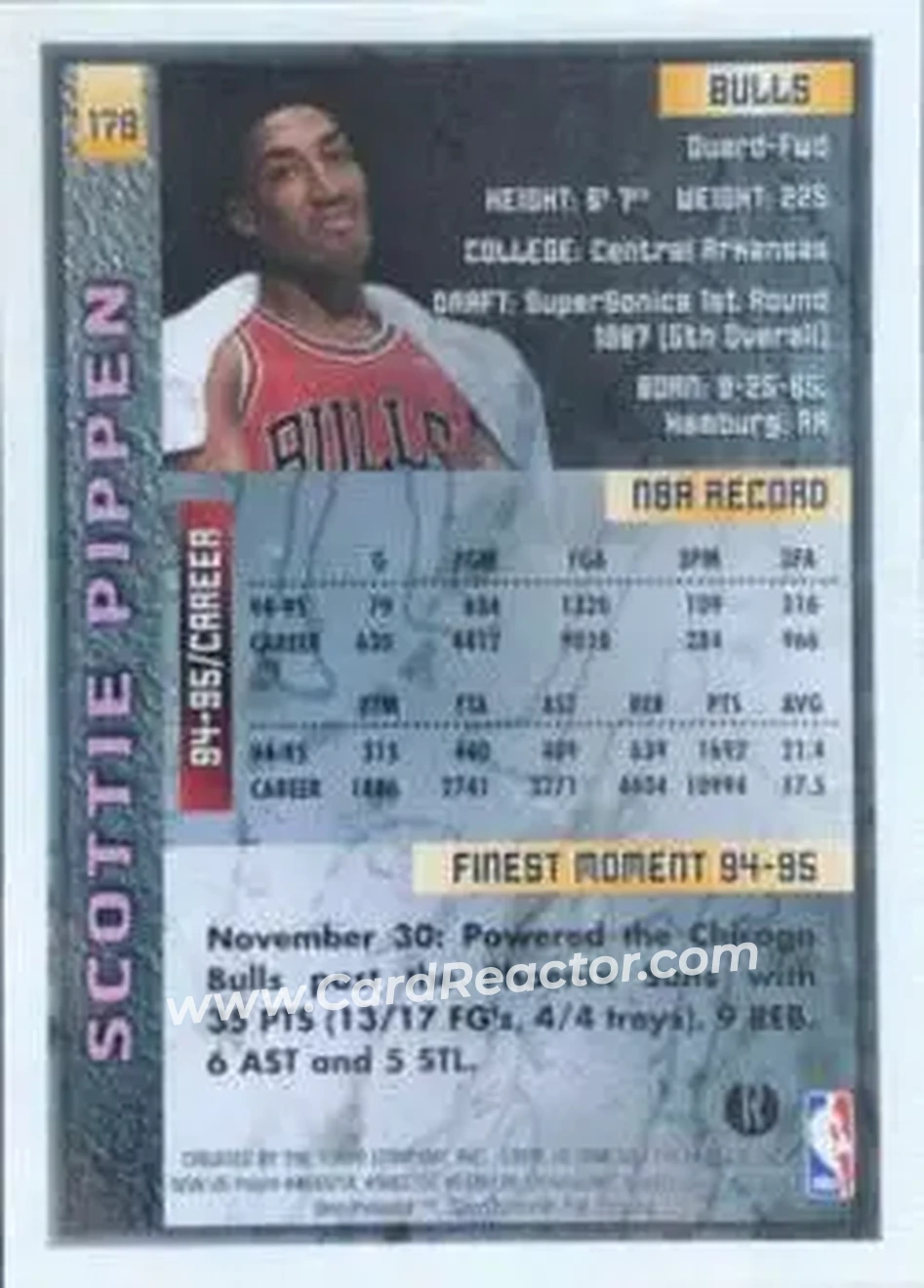 1995-96 Finest - Refractors #179 - Scottie Pippen - Chicago Bulls - Back