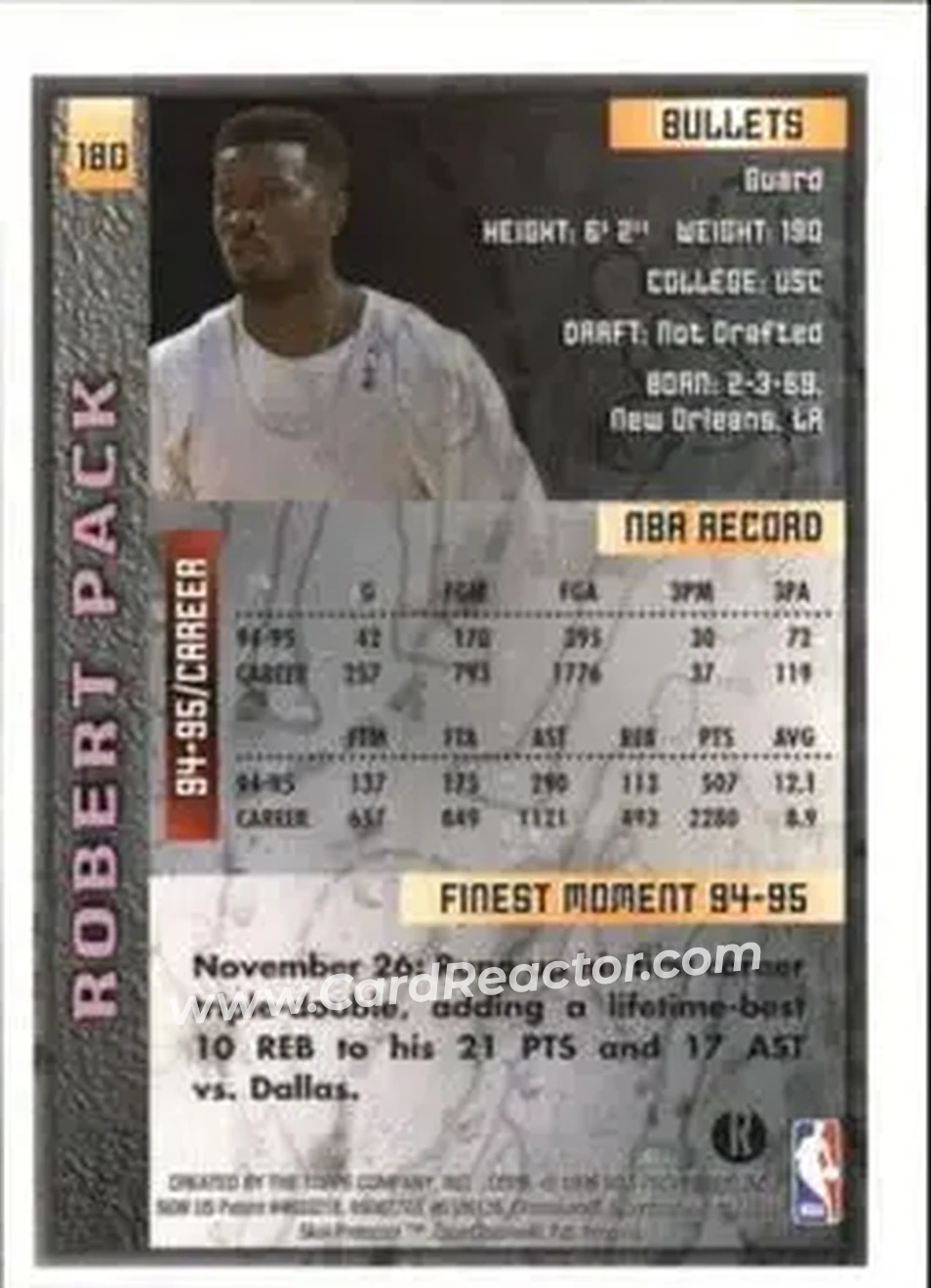 1995-96 Finest - Refractors #180 - Robert Pack - Washington Bullets - Back 1995-96 Finest - Refractors #180 - Robert Pack - Washington Bullets - Back