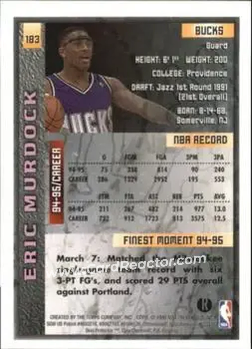 1995-96 Finest - Refractors #183 - Eric Murdock - Vancouver Grizzlies - Back