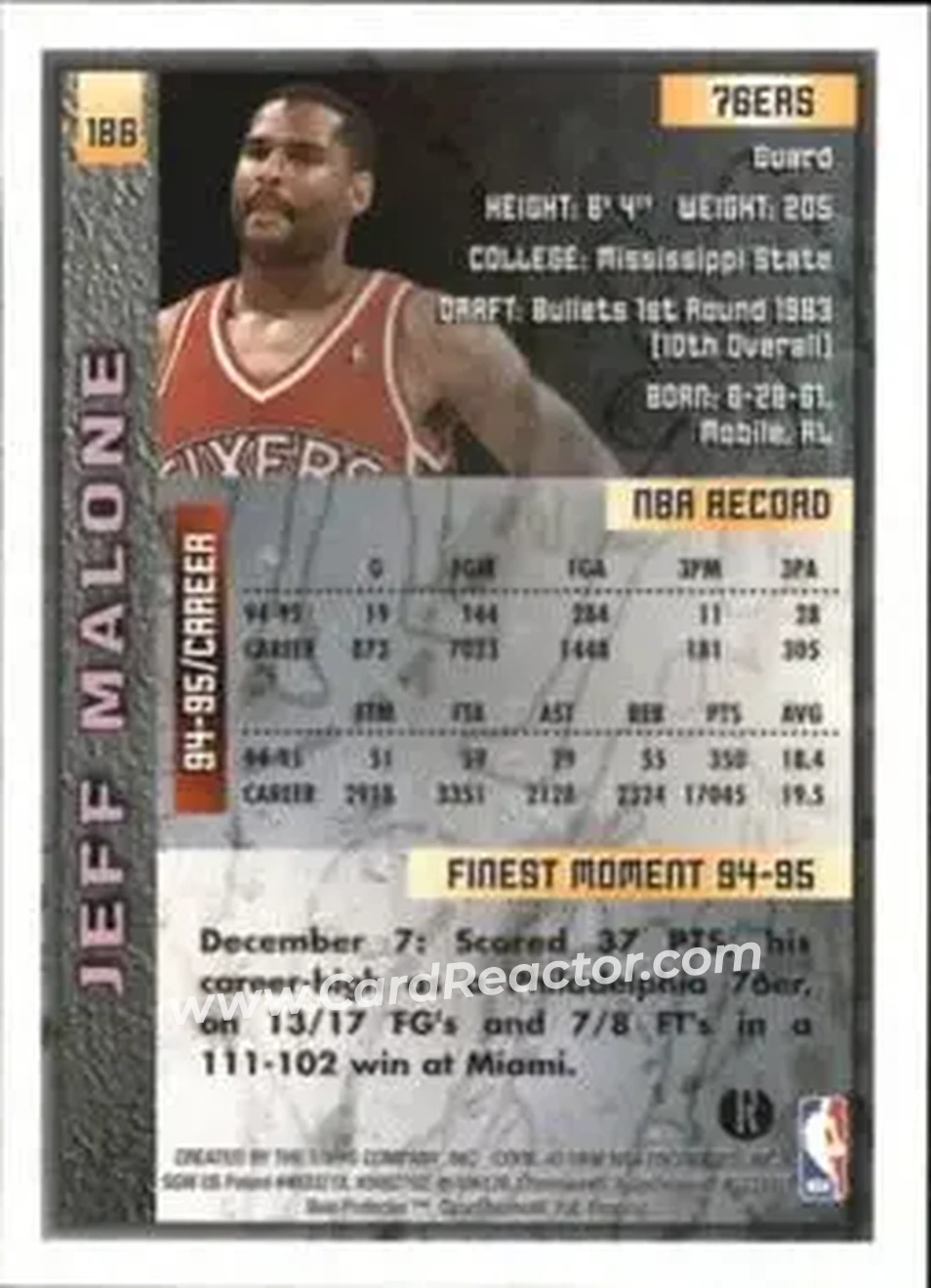 1995-96 Finest - Refractors #186 - Jeff Malone - Philadelphia 76ers - Back
