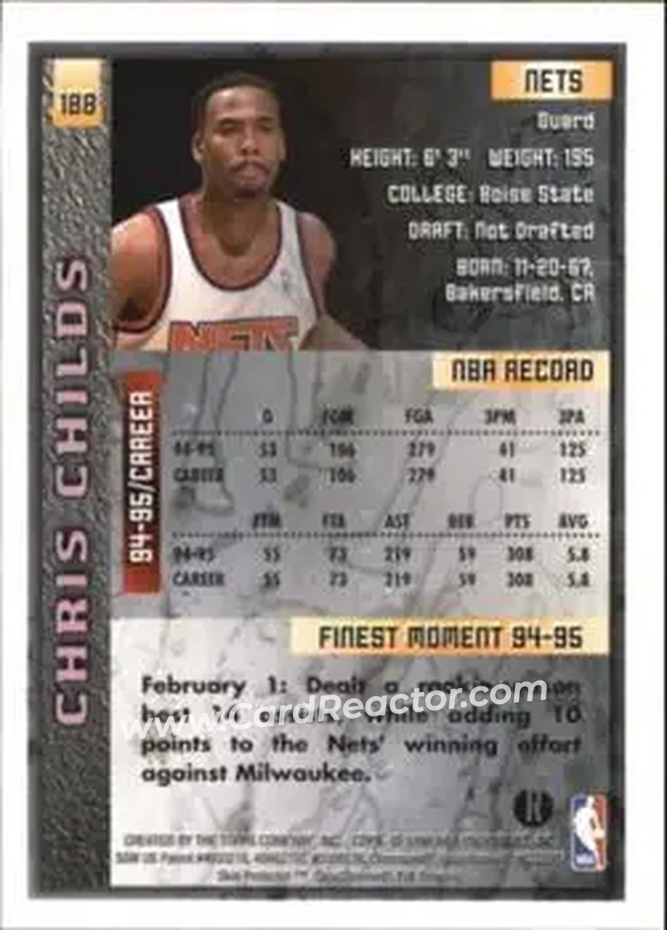 1995-96 Finest - Refractors #188 - Chris Childs - New Jersey Nets - Back