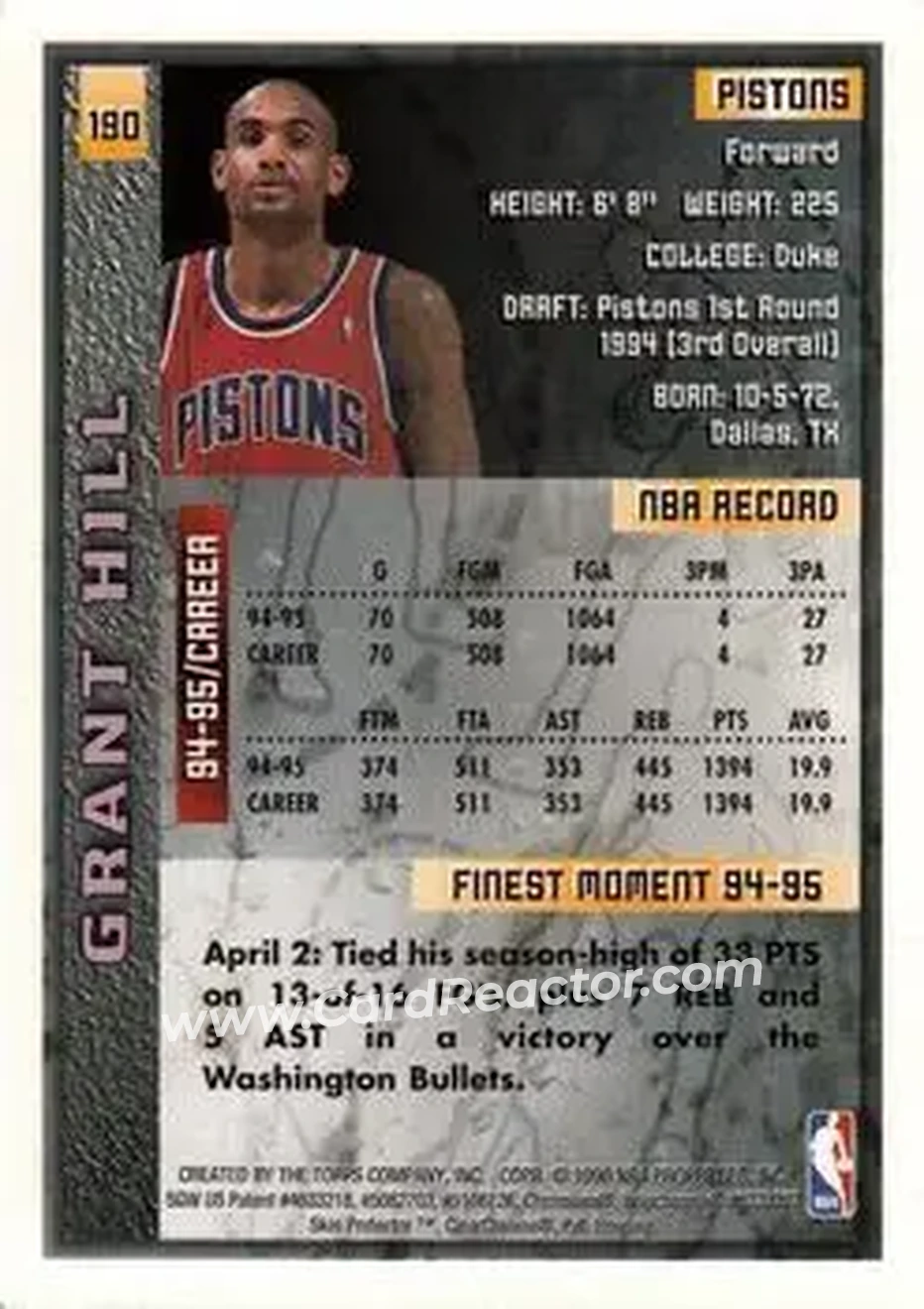 1995-96 Finest - Refractors #190 - Grant Hill - Detroit Pistons - Back