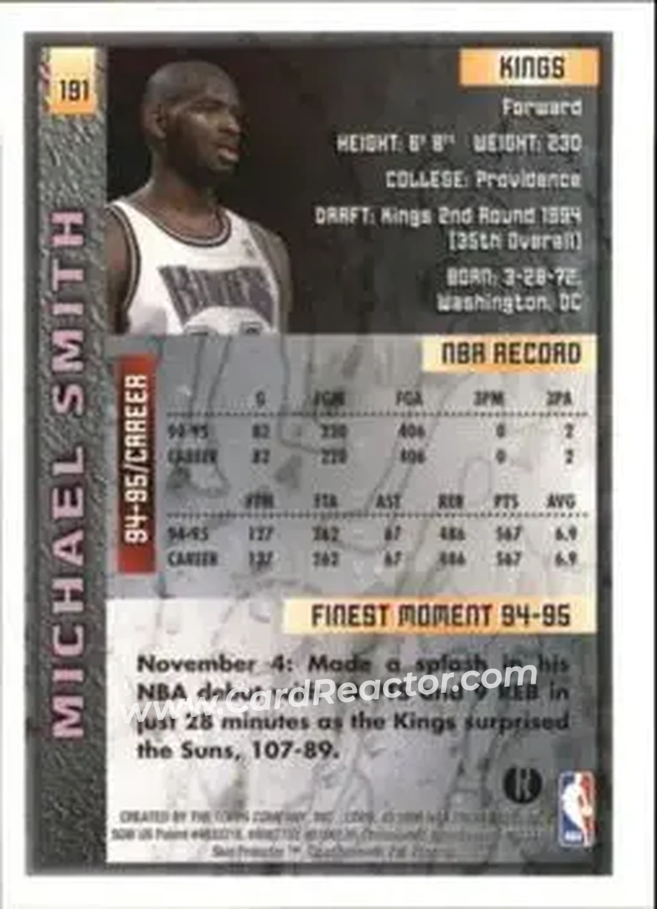 1995-96 Finest - Refractors #191 - Michael Smith - Sacramento Kings - Back 1995-96 Finest - Refractors #191 - Michael Smith - Sacramento Kings - Back