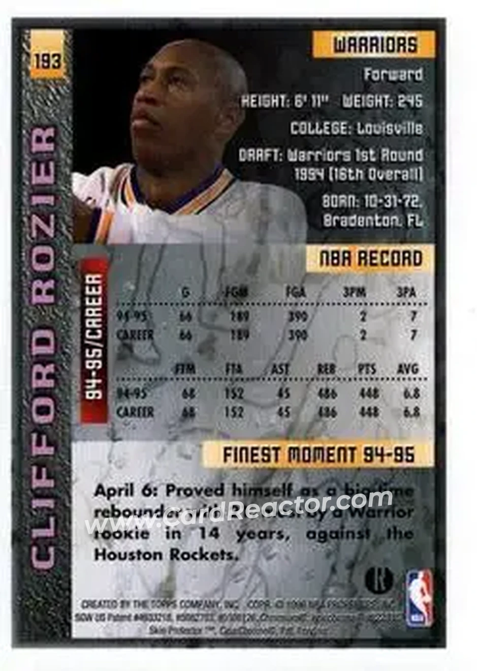 1995-96 Finest - Refractors #193 - Clifford Rozier - Golden State Warriors - Back