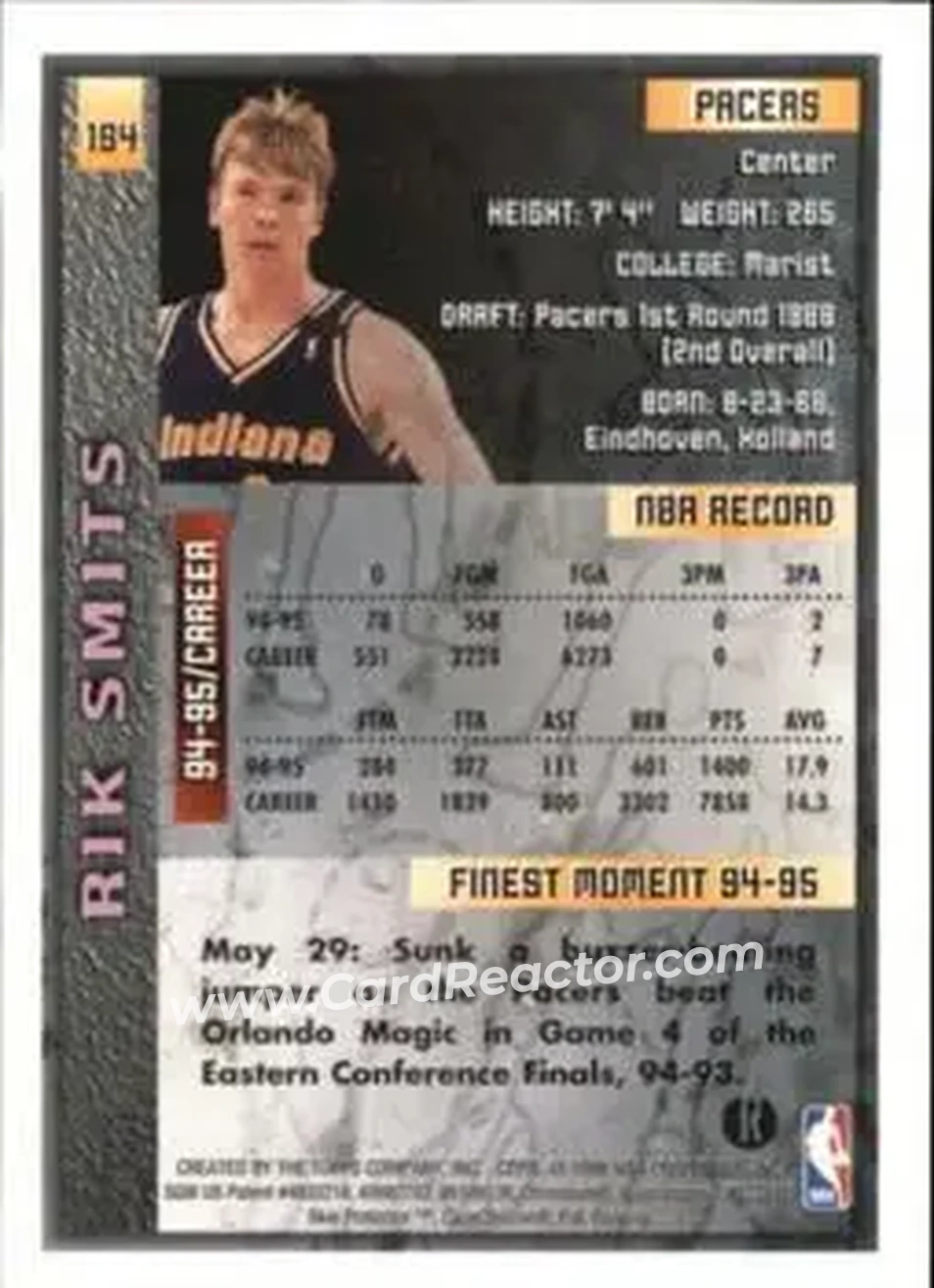 1995-96 Finest - Refractors #194 - Rik Smits - Indiana Pacers - Back