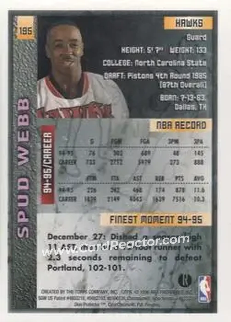 1995-96 Finest - Refractors #195 - Spud Webb - Atlanta Hawks - Back