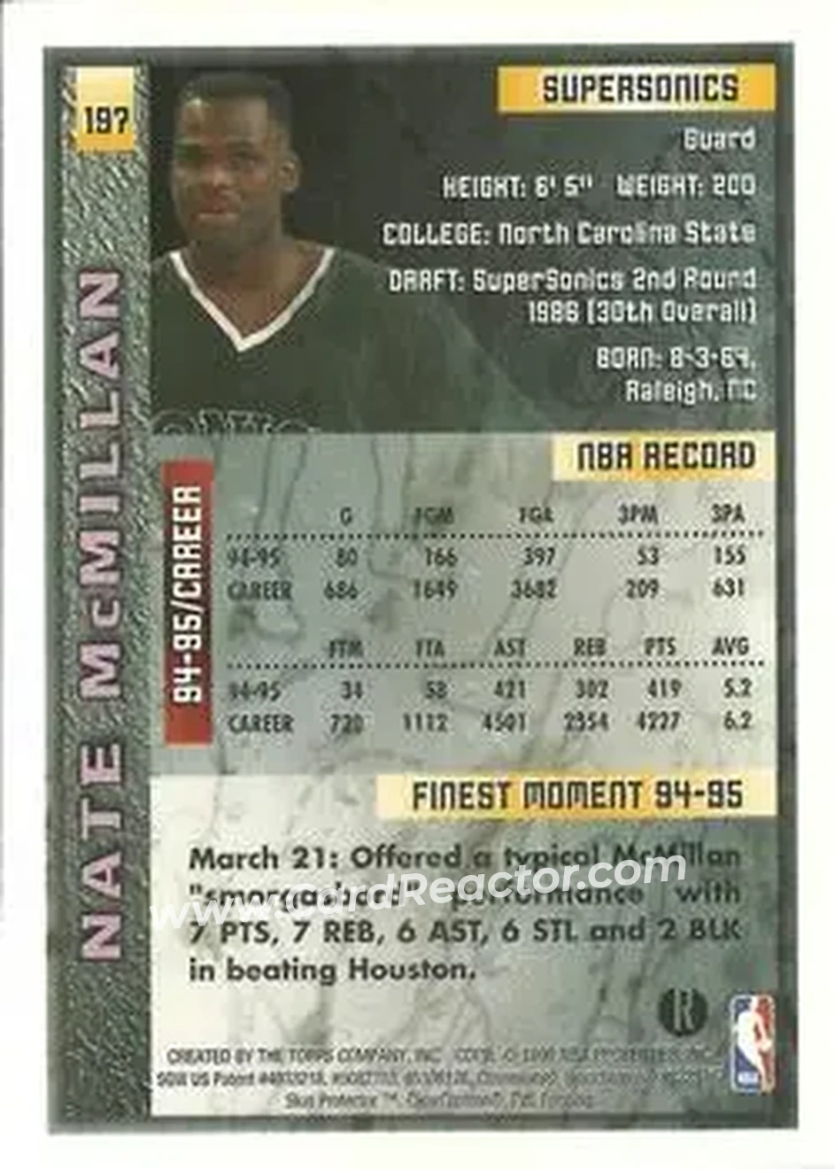 1995-96 Finest - Refractors #197 - Nate McMillan - Seattle SuperSonics - Back