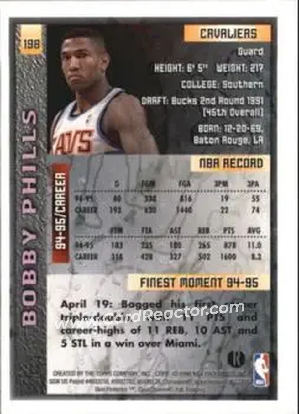 1995-96 Finest - Refractors #198 - Bobby Phills - Cleveland Cavaliers - Back