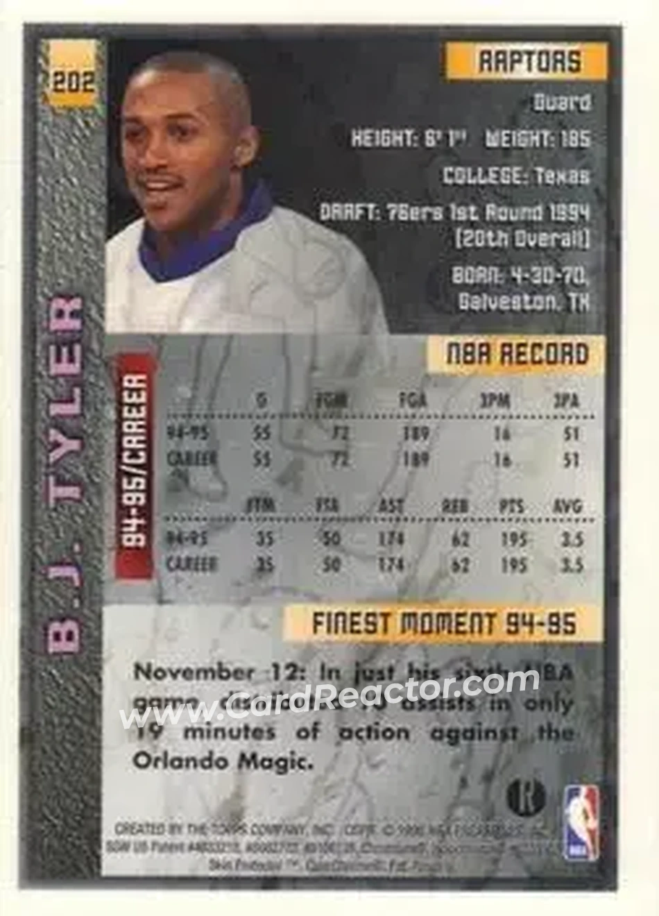 1995-96 Finest - Refractors #202 - B.J. Tyler - Toronto Raptors - Back