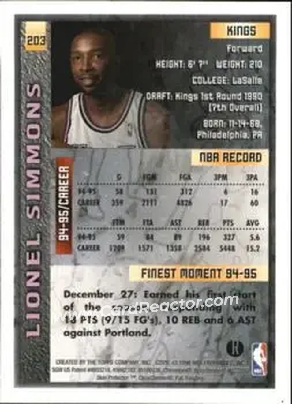 1995-96 Finest - Refractors #203 - Lionel Simmons - Sacramento Kings - Back