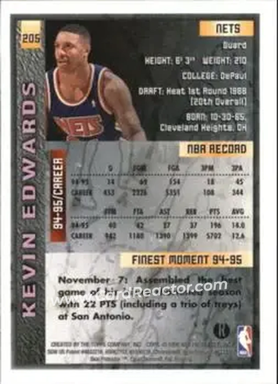 1995-96 Finest - Refractors #205 - Kevin Edwards - New Jersey Nets - Back