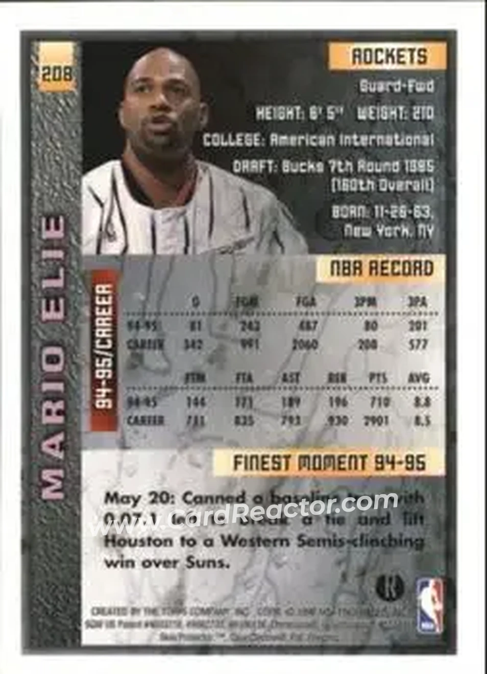 1995-96 Finest - Refractors #208 - Mario Elie - Houston Rockets - Back