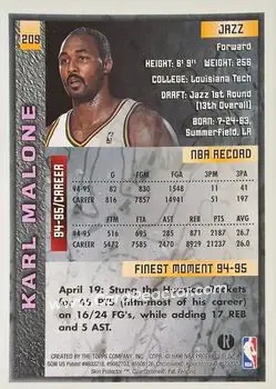 1995-96 Finest - Refractors #209 - Karl Malone - Utah Jazz - Back