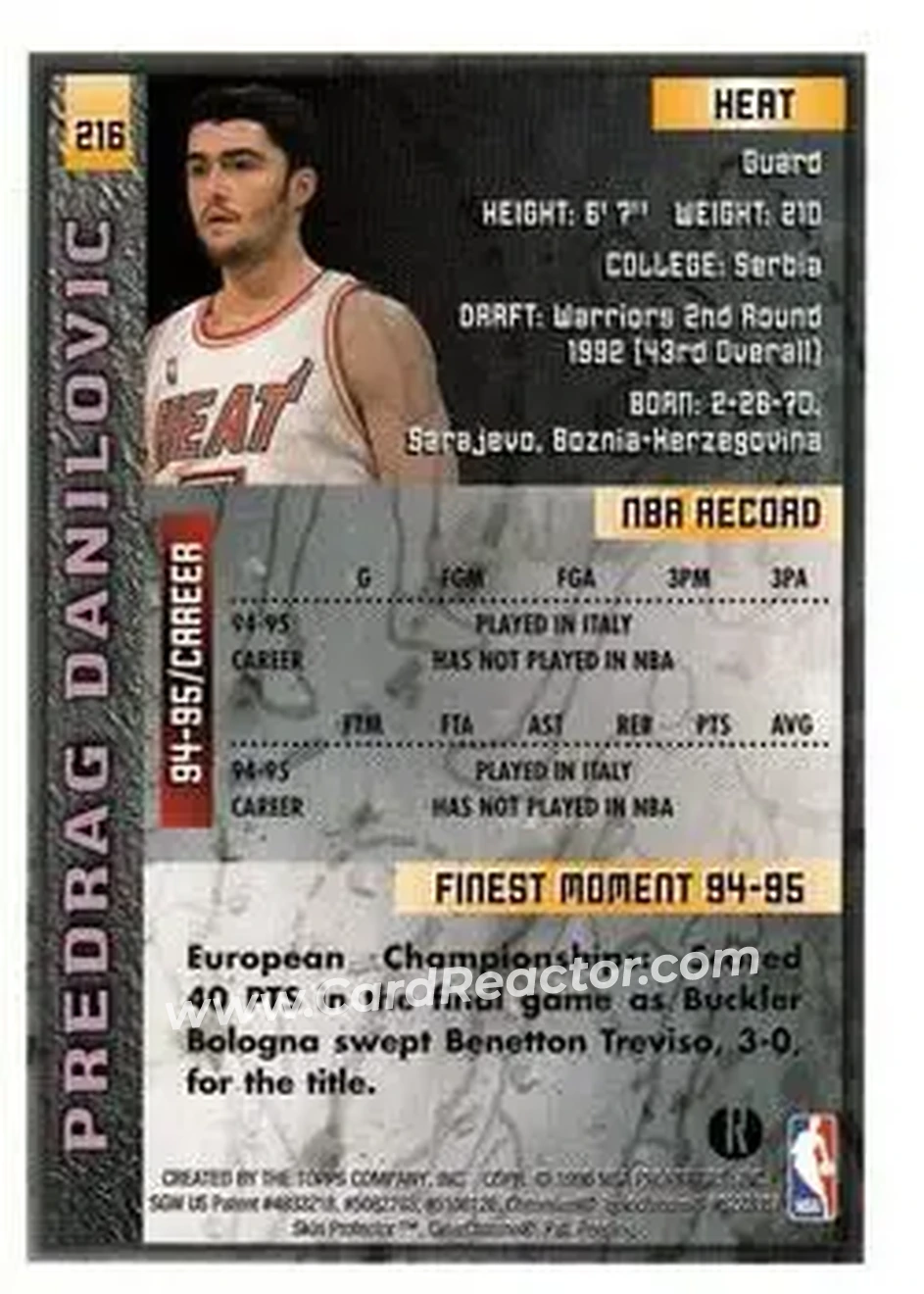 1995-96 Finest - Refractors #216 - Sasha Danilović - Miami Heat - Back